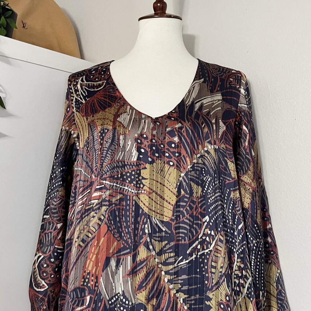 VICI Women's Brown Metallic Stripes Leaf Pint V-Neck Blouse Top Size Medium - Picture 6 of 10